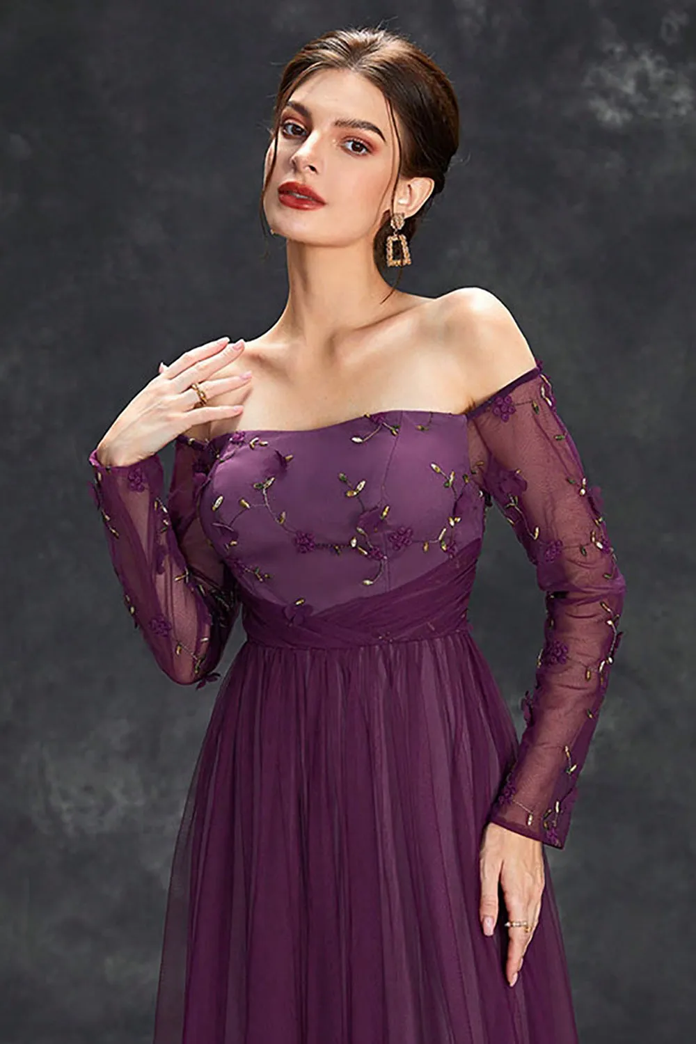 Dark Purple Tulle Off The Shoulder Formal Dress with Sleeves sold by Zapaka product image thumbnail 5
