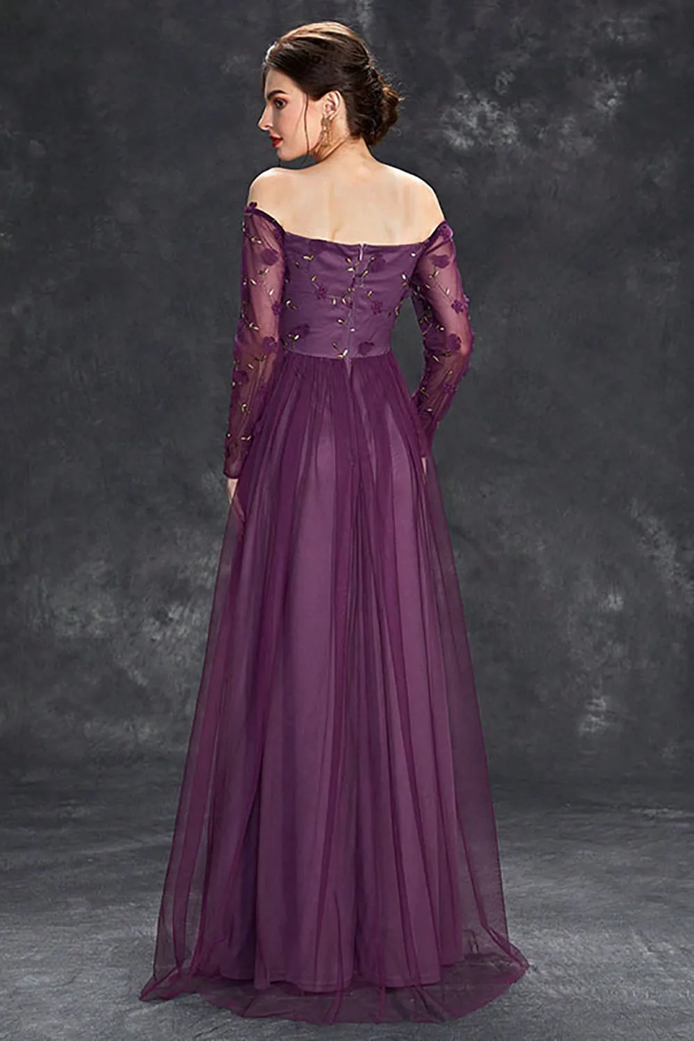 Dark Purple Tulle Off The Shoulder Formal Dress with Sleeves sold by Zapaka product image thumbnail 2