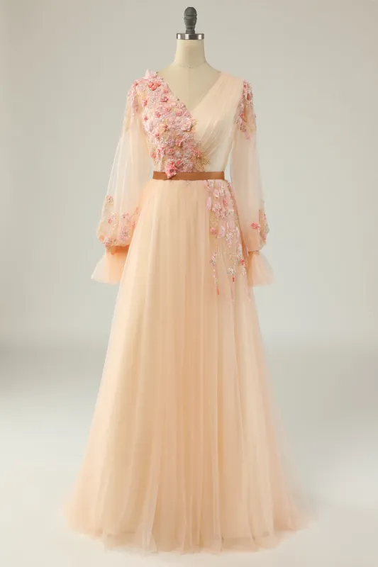 Elegant A Line V Neck Apricot Long Prom Dress with Appliques sold by Zapaka