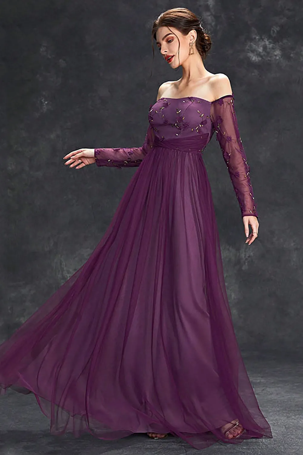 Dark Purple Tulle Off The Shoulder Formal Dress with Sleeves sold by Zapaka product image thumbnail 3