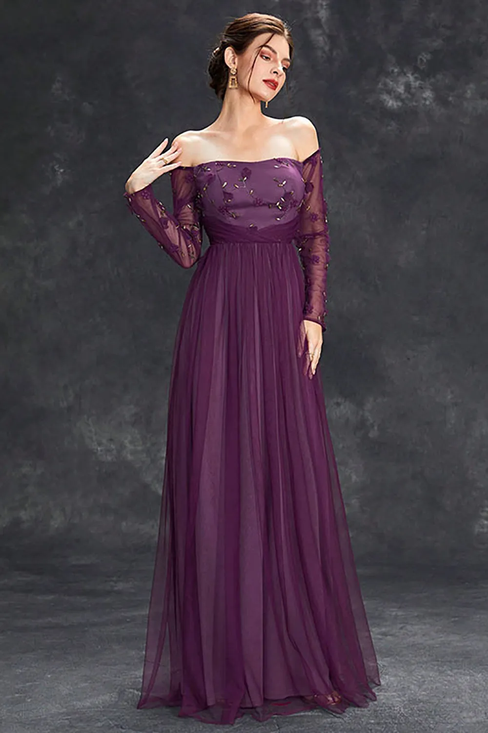 Dark Purple Tulle Off The Shoulder Formal Dress with Sleeves sold by Zapaka product image thumbnail 4
