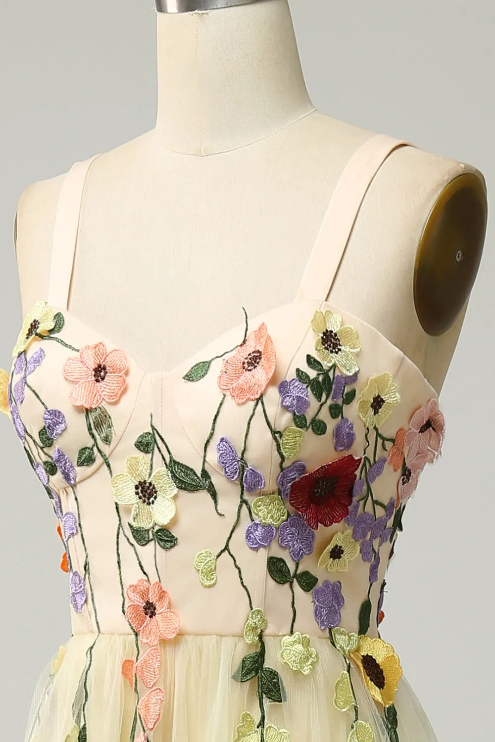 A Line Spaghetti Straps Champagne Tea Length Prom Dress with Appliques sold by Zapaka product image thumbnail 5