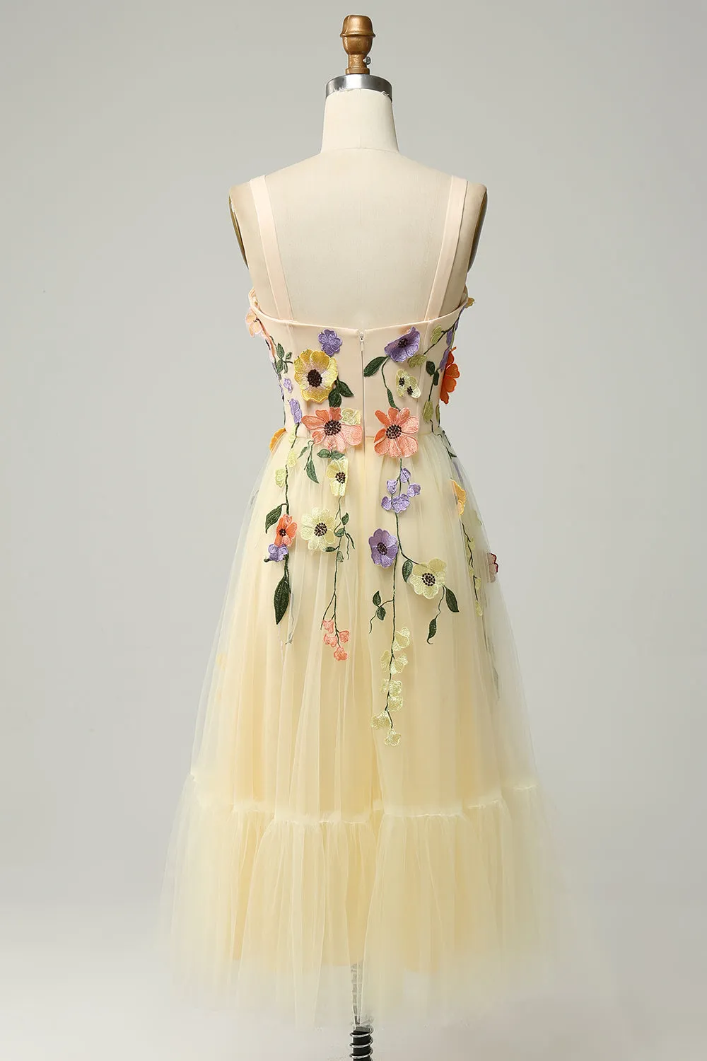 A Line Spaghetti Straps Champagne Tea Length Prom Dress with Appliques sold by Zapaka product image thumbnail 2