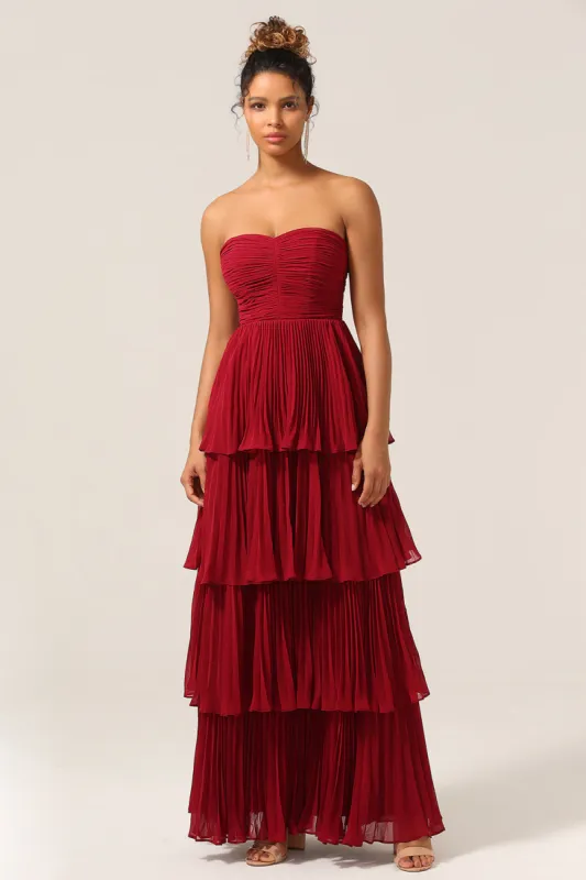 Charming A Line Strapless Burgudy Long Bridesmaid Dress with Ruffles sold by Zapaka