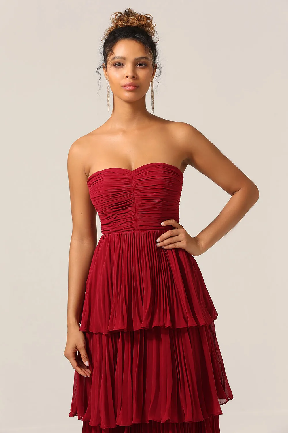 Charming A Line Strapless Burgudy Long Bridesmaid Dress with Ruffles sold by Zapaka product image thumbnail 4