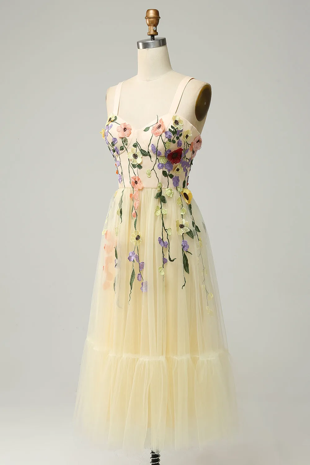 A Line Spaghetti Straps Champagne Tea Length Prom Dress with Appliques sold by Zapaka product image thumbnail 3