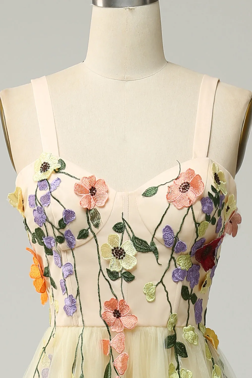 A Line Spaghetti Straps Champagne Tea Length Prom Dress with Appliques sold by Zapaka product image thumbnail 4