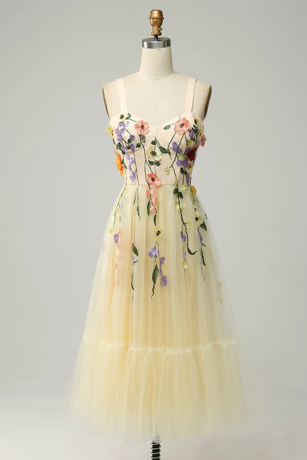 A Line Spaghetti Straps Champagne Tea Length Prom Dress with Appliques sold by Zapaka