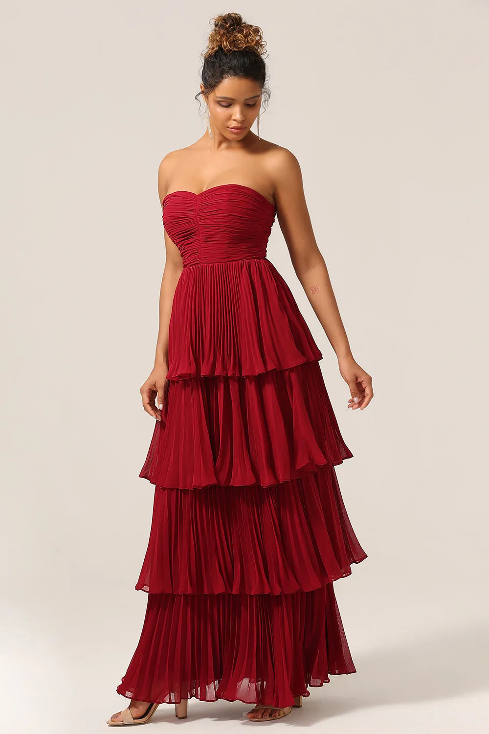 Charming A Line Strapless Burgudy Long Bridesmaid Dress with Ruffles sold by Zapaka product image thumbnail 3