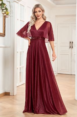 V-Neck Burgundy Long Mother of the Bride Dress with Sequins made by Zapaka