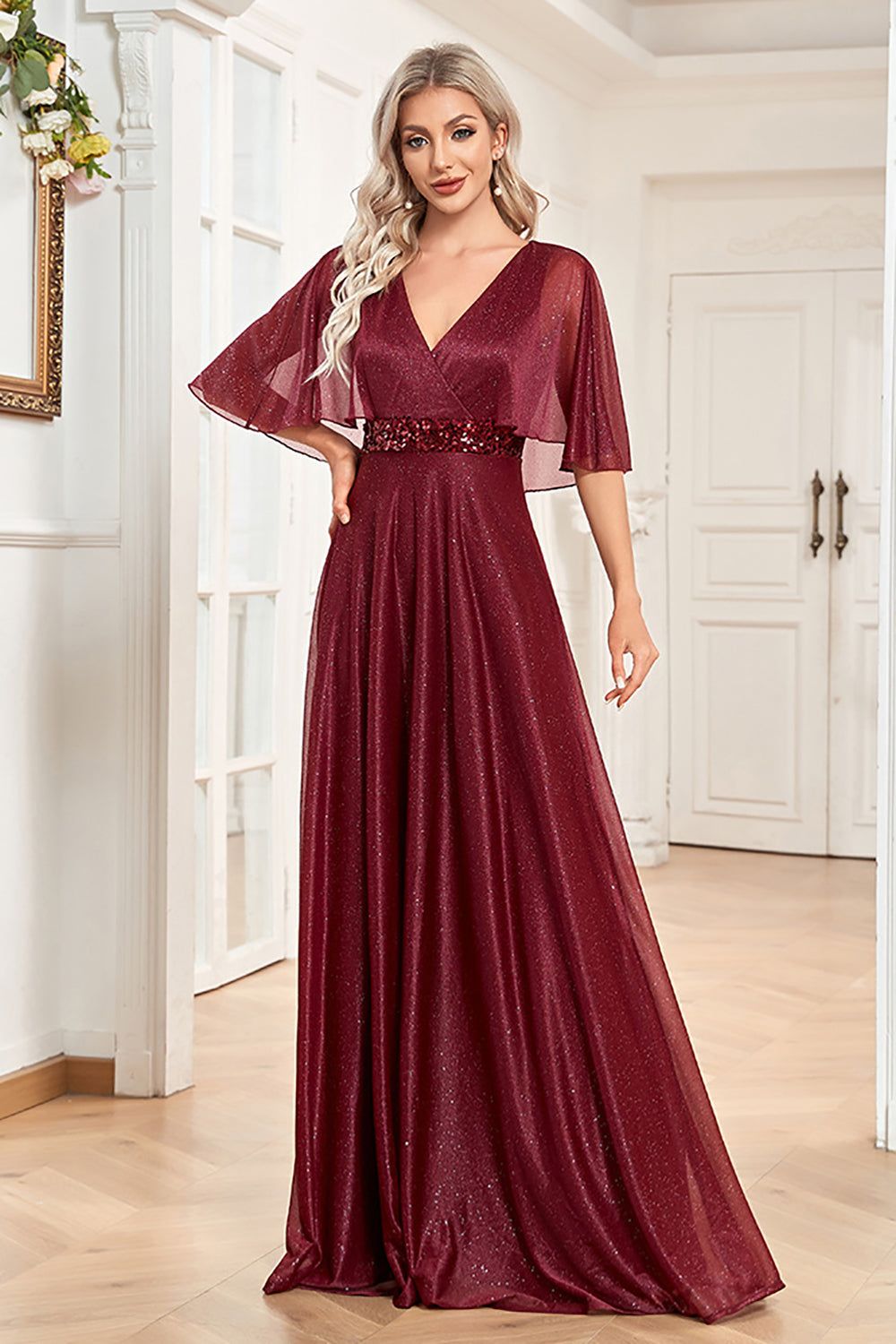 V-Neck Burgundy Long Mother of the Bride Dress with Sequins sold by Zapaka