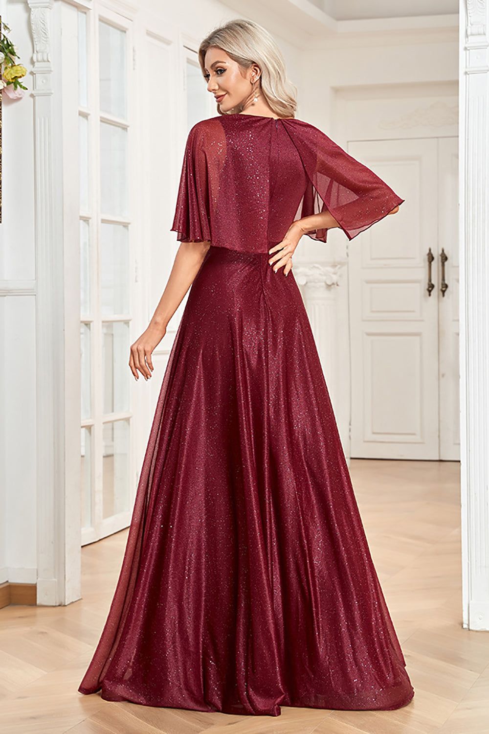 V-Neck Burgundy Long Mother of the Bride Dress with Sequins sold by Zapaka product image thumbnail 2