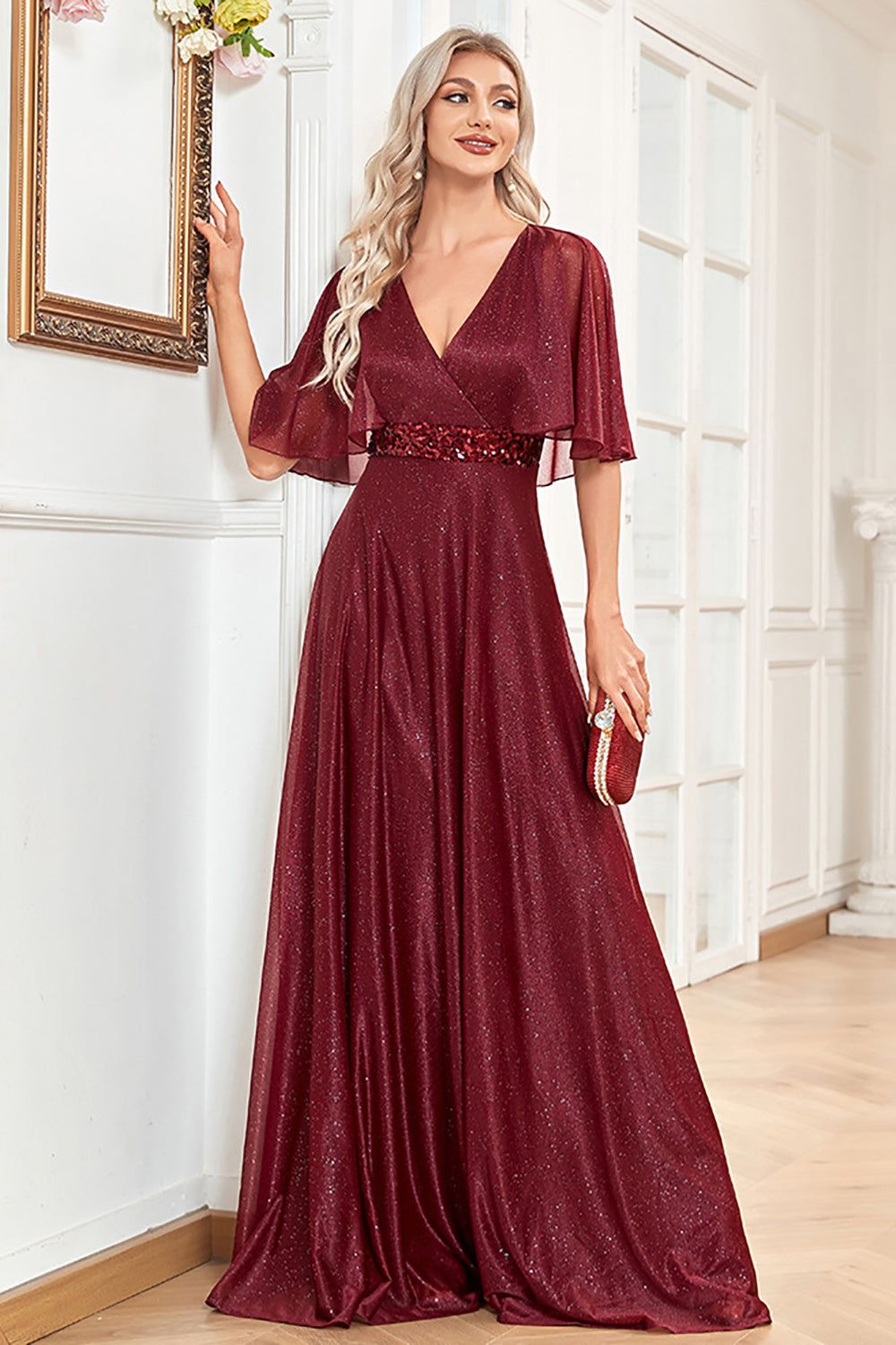V-Neck Burgundy Long Mother of the Bride Dress with Sequins sold by Zapaka product image thumbnail 3