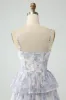 White Blue Flower A Line Spaghetti Straps Tiered Bridesmaid Dress With Ruffles sold by Zapaka