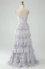 White Blue Flower A Line Spaghetti Straps Tiered Bridesmaid Dress With Ruffles sold by Zapaka