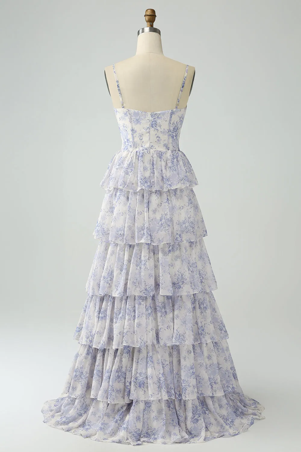 White Blue Flower A Line Spaghetti Straps Tiered Bridesmaid Dress With Ruffles sold by Zapaka product image thumbnail 2
