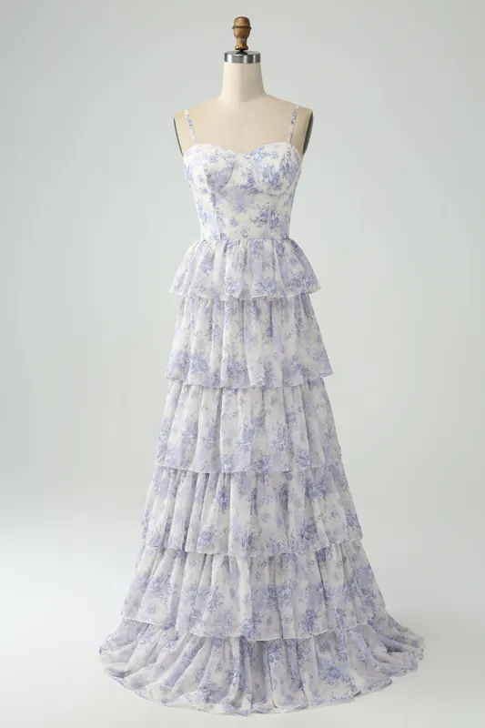 White Blue Flower A Line Spaghetti Straps Tiered Bridesmaid Dress With Ruffles sold by Zapaka
