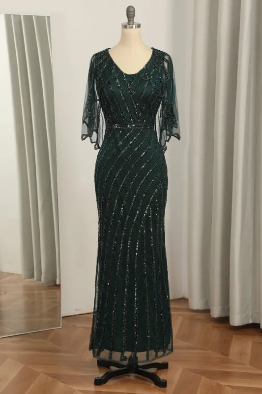Dark Green Sequined Scoop Neck Long 1920s Dress sold by Zapaka