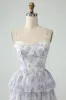 White Blue Flower A Line Spaghetti Straps Tiered Bridesmaid Dress With Ruffles sold by Zapaka
