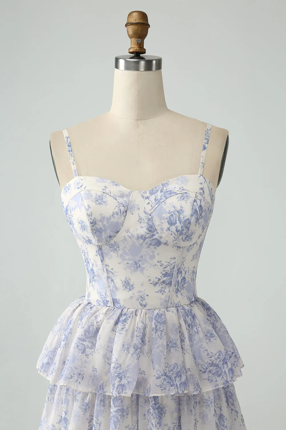 White Blue Flower A Line Spaghetti Straps Tiered Bridesmaid Dress With Ruffles sold by Zapaka product image thumbnail 4