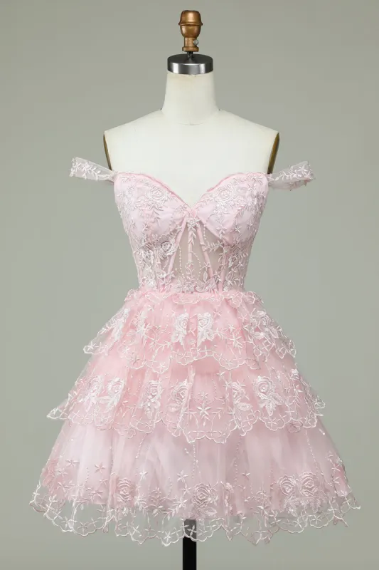 Cute A Line Off the Shoulder Pink Corset Homecoming Dress with Lace made by Zapaka