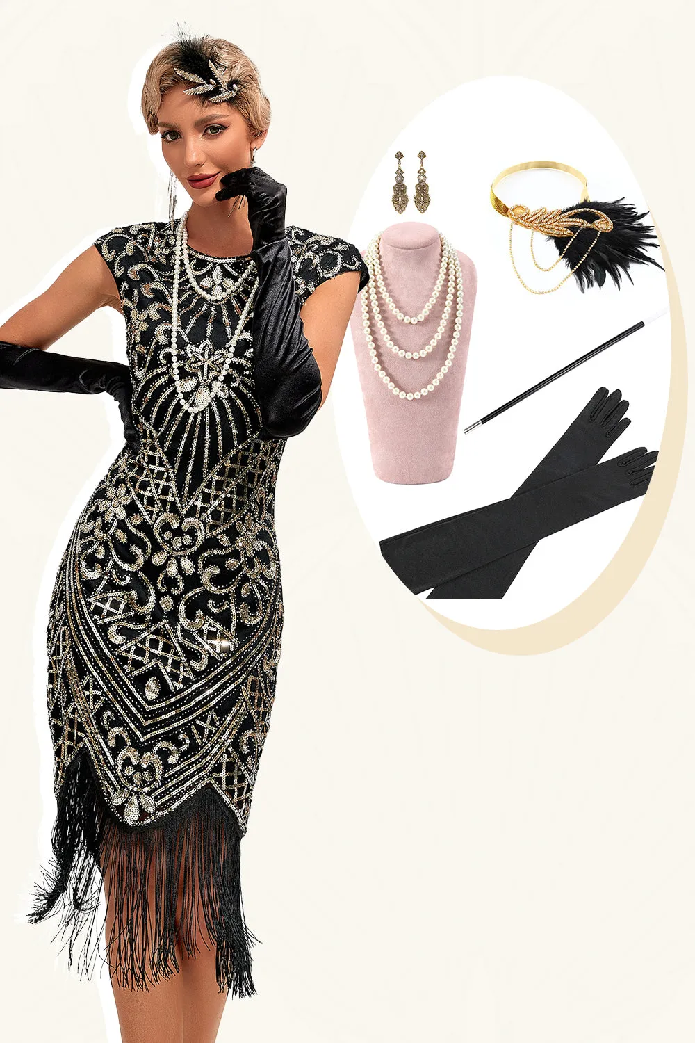 Sparkly Fringes Black Golden Flapper Dress with Accessories Set sold by Zapaka