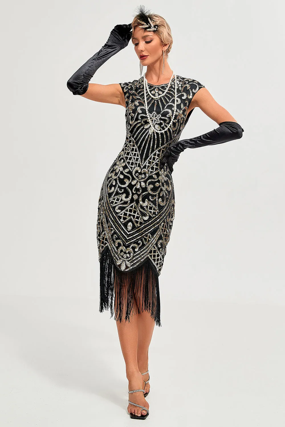 Sparkly Fringes Black Golden Flapper Dress with Accessories Set sold by Zapaka product image thumbnail 5