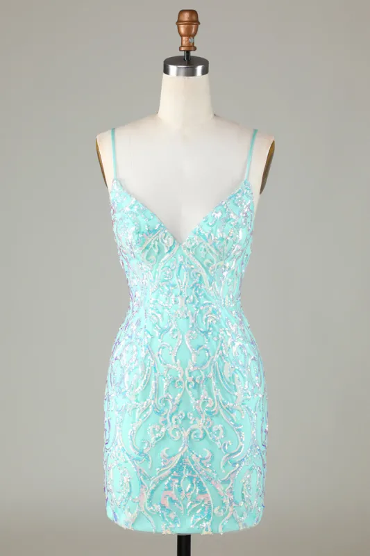 Sparkly Tight Spaghetti Straps Green Homecoming Dress with Backless sold by Zapaka