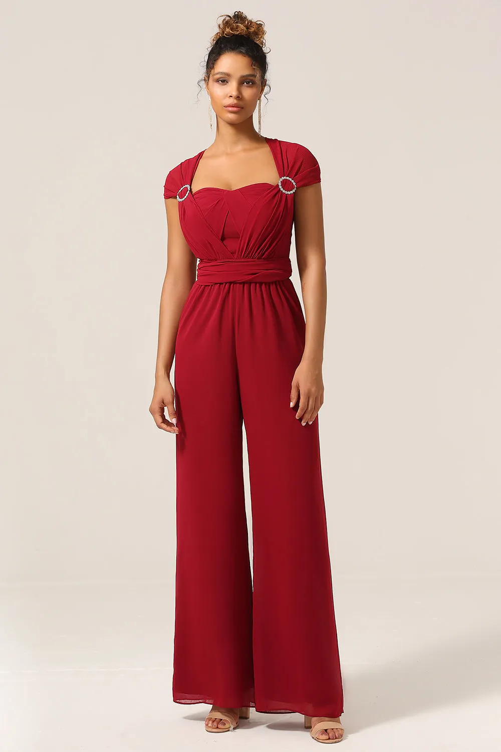 Burgundy Chiffon Convertible Bridesmaid Jumpsuits sold by Zapaka product image thumbnail 5