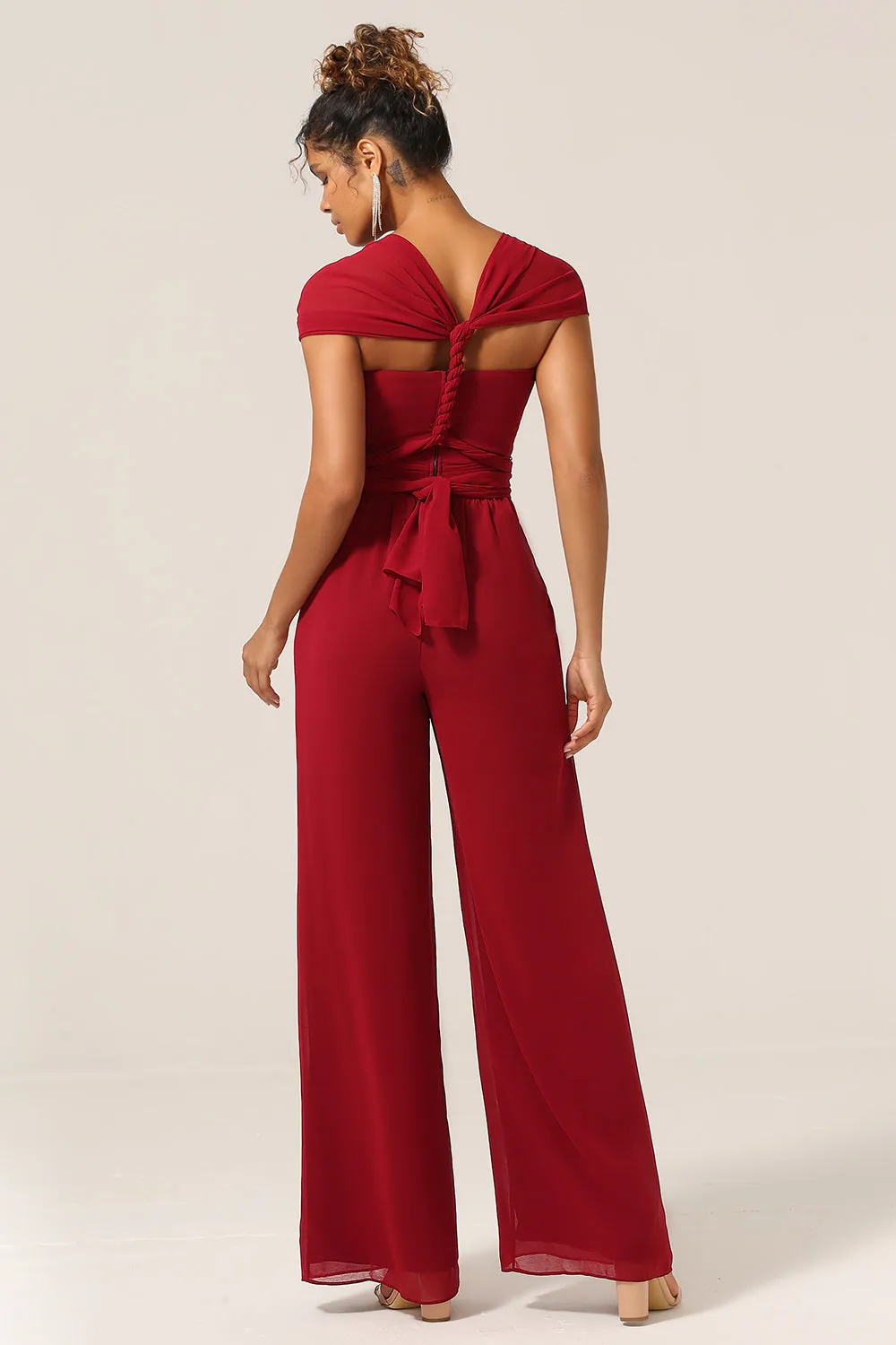 Burgundy Chiffon Convertible Bridesmaid Jumpsuits sold by Zapaka product image thumbnail 2