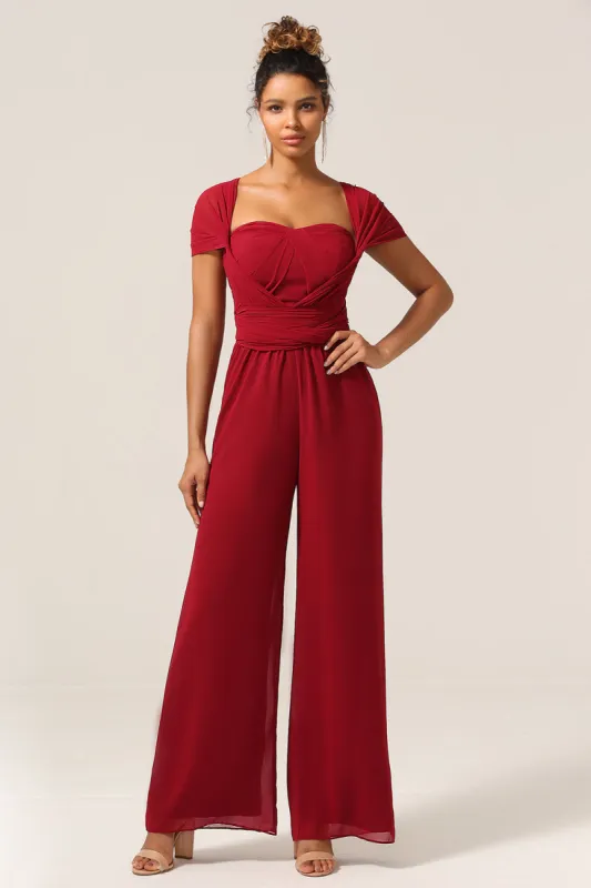 Burgundy Chiffon Convertible Bridesmaid Jumpsuits made by Zapaka