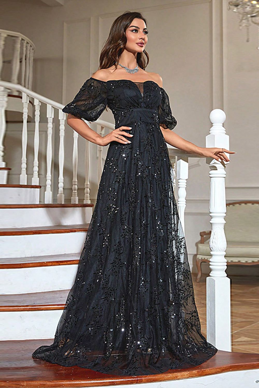 A-Line Puff Sleeves Black Prom Dress with Sequins sold by Zapaka product image thumbnail 3