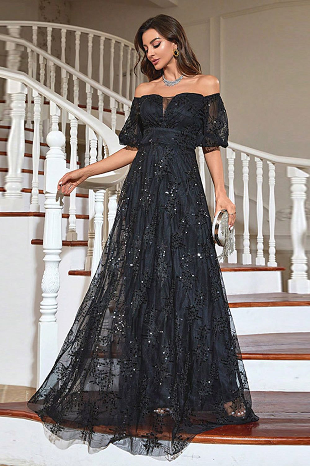 A-Line Puff Sleeves Black Prom Dress with Sequins sold by Zapaka product image thumbnail 5