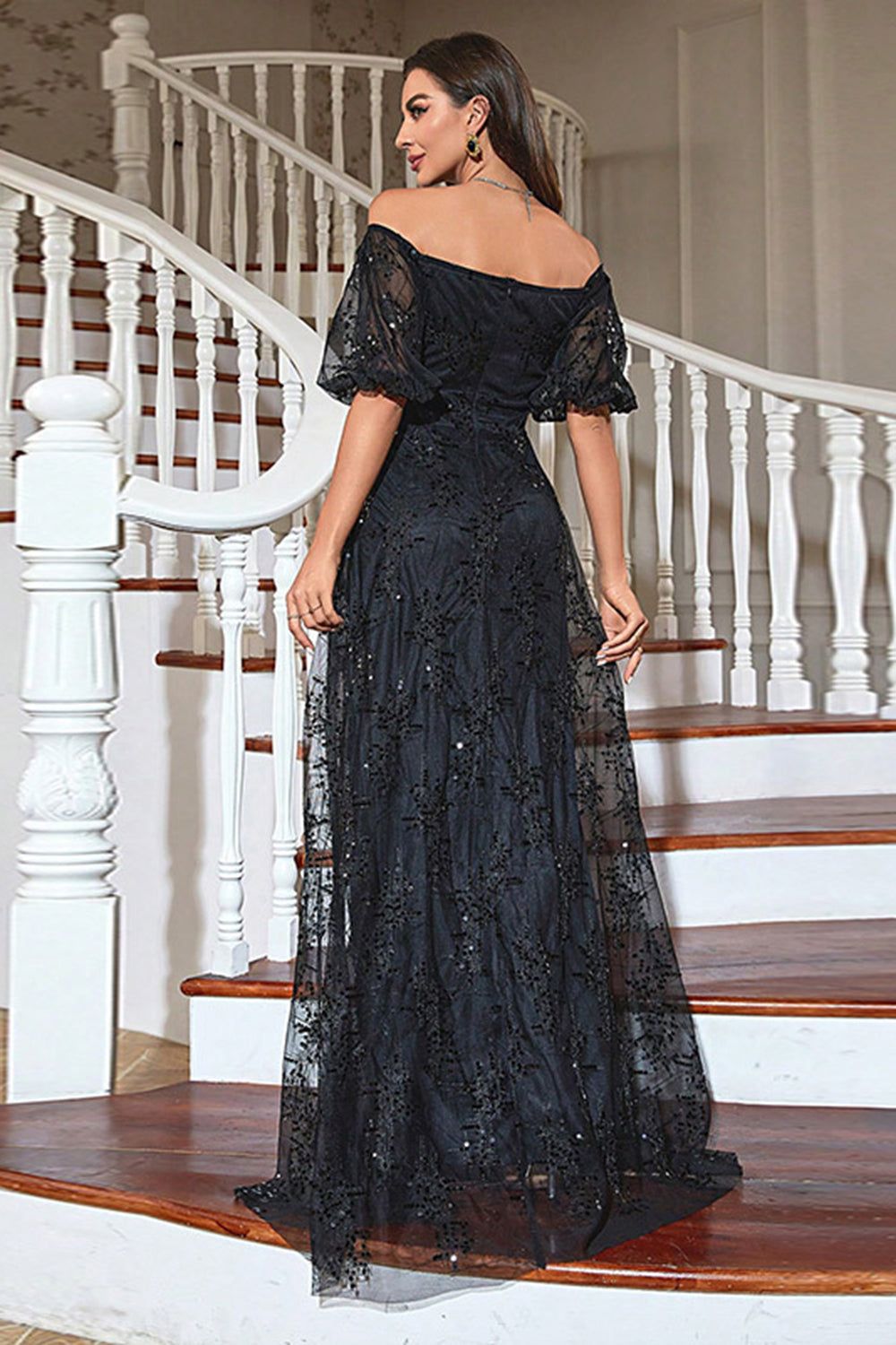 A-Line Puff Sleeves Black Prom Dress with Sequins sold by Zapaka product image thumbnail 2