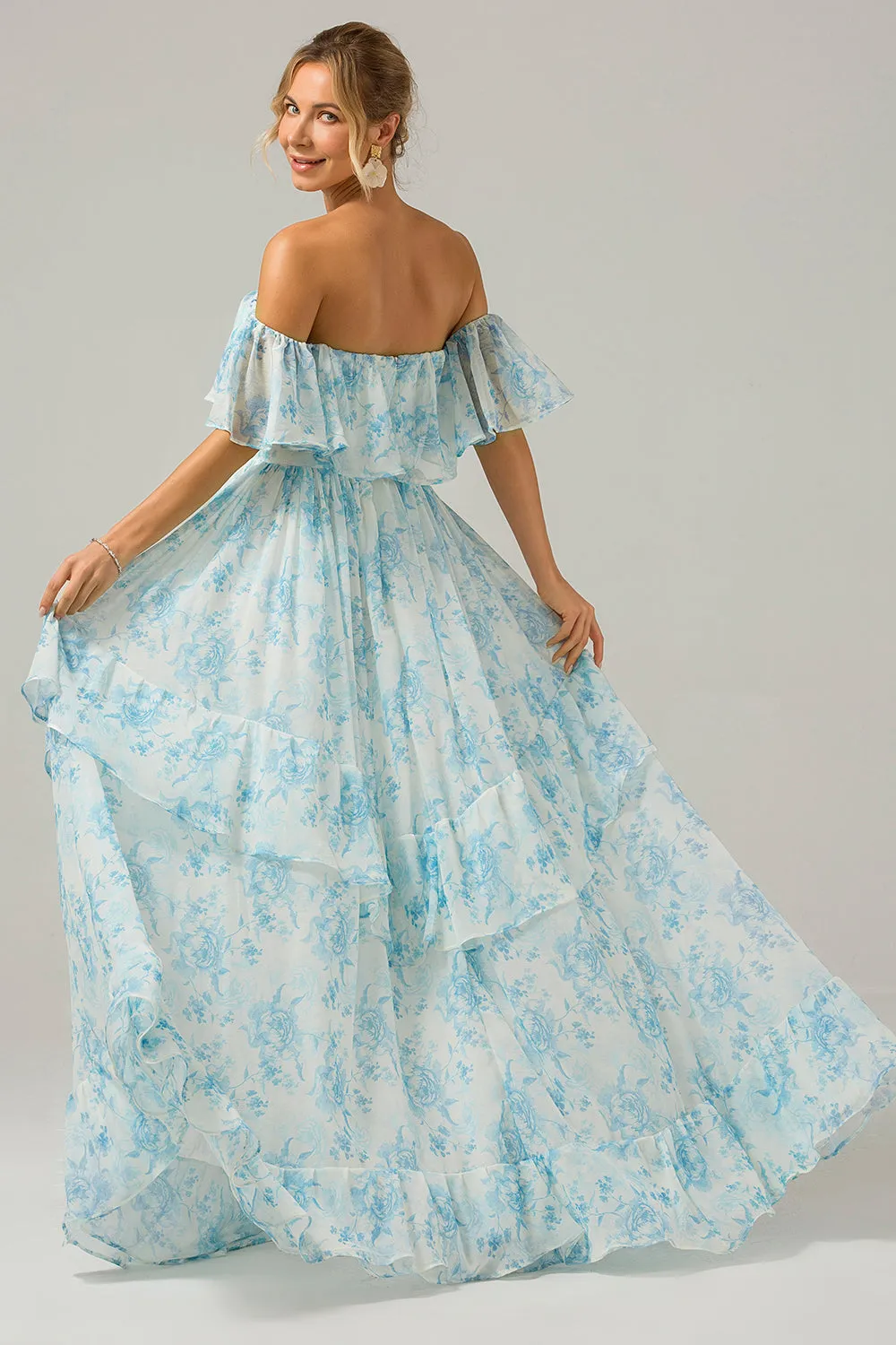 White Blue Floral Off The Shoulder Boho Long Bridesmaid Dress with Ruffles sold by Zapaka product image thumbnail 2