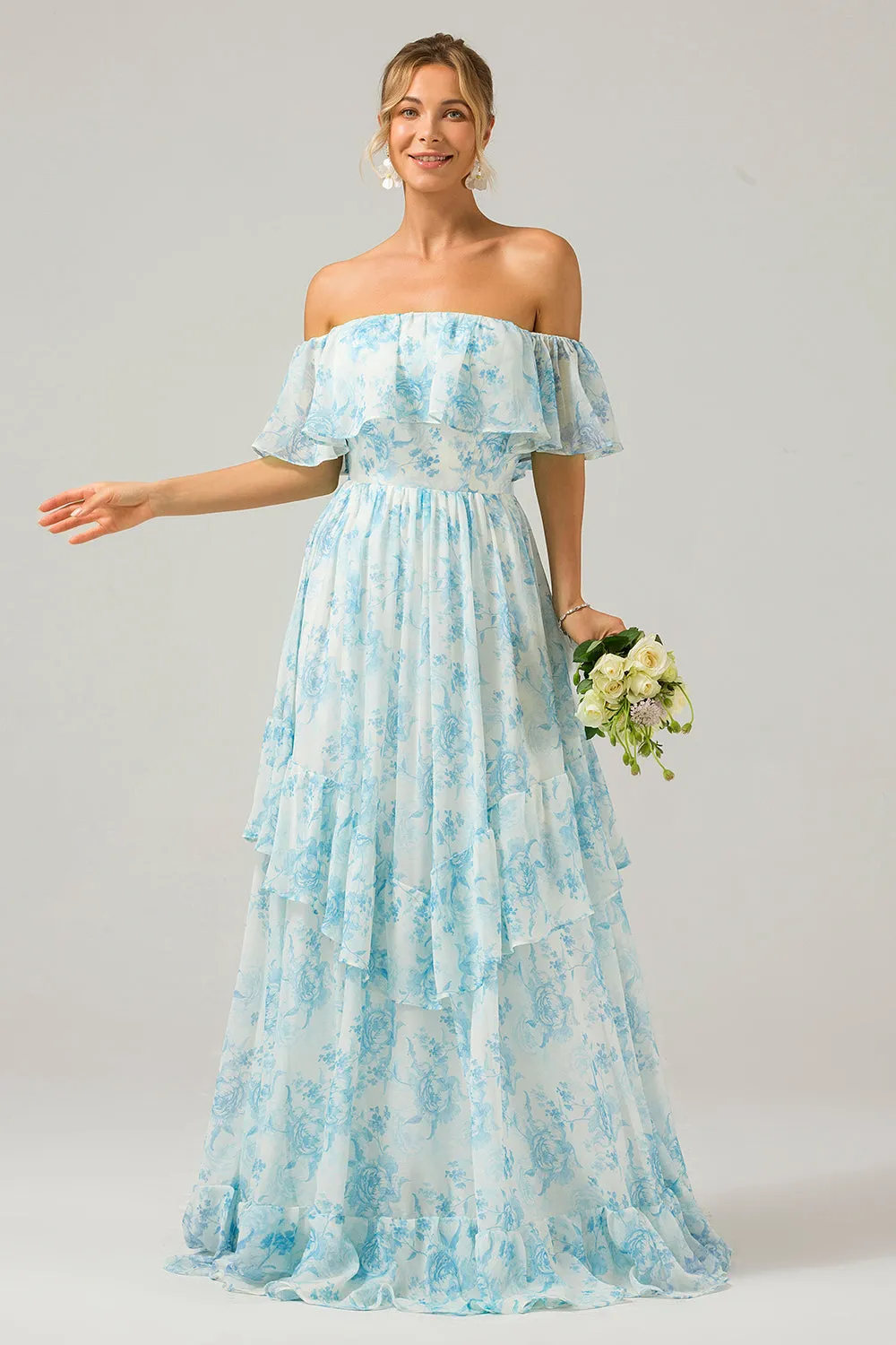 White Blue Floral Off The Shoulder Boho Long Bridesmaid Dress with Ruffles sold by Zapaka product image thumbnail 4