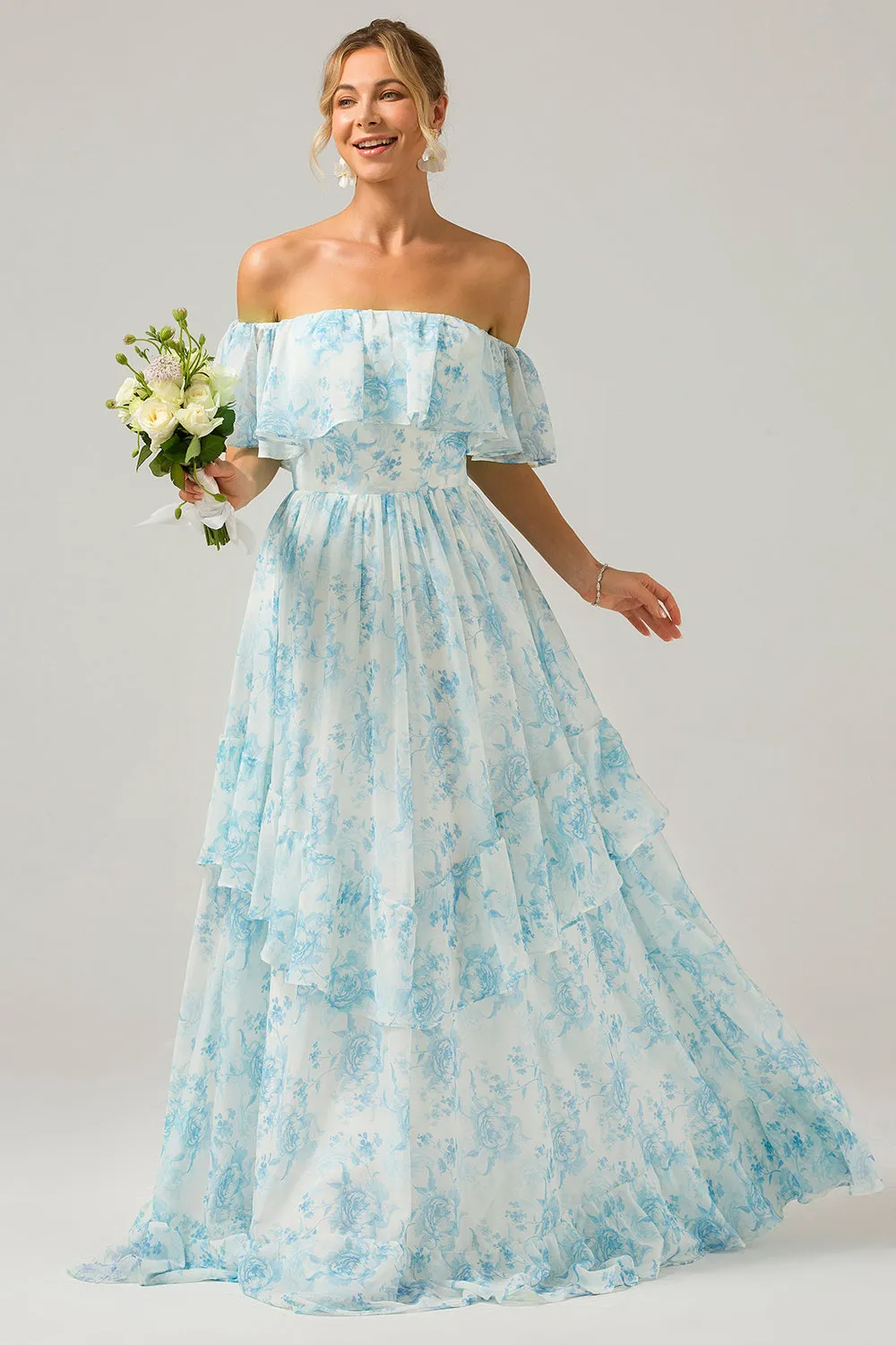 White Blue Floral Off The Shoulder Boho Long Bridesmaid Dress with Ruffles sold by Zapaka product image thumbnail 3