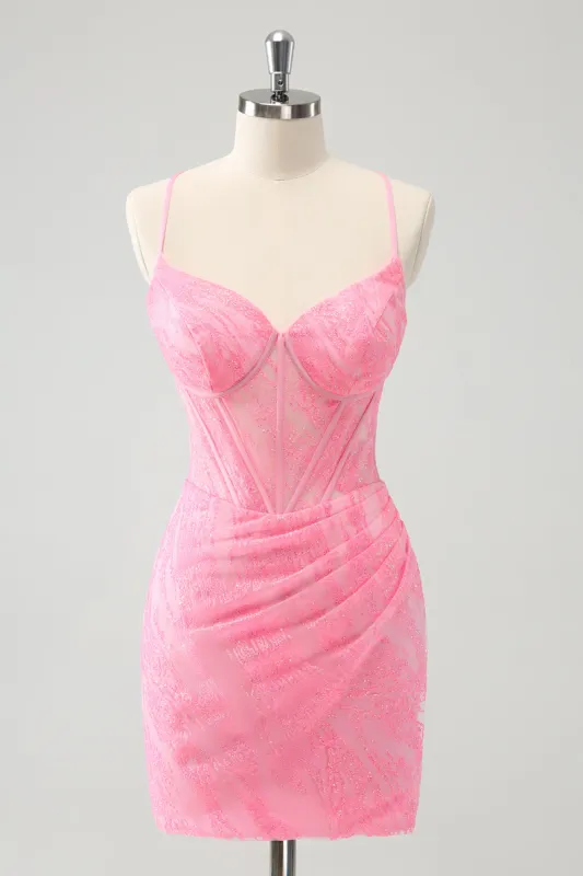 Pink Spaghetti Straps Tight Corset Homecoming Dress with Lace Up Back sold by Zapaka