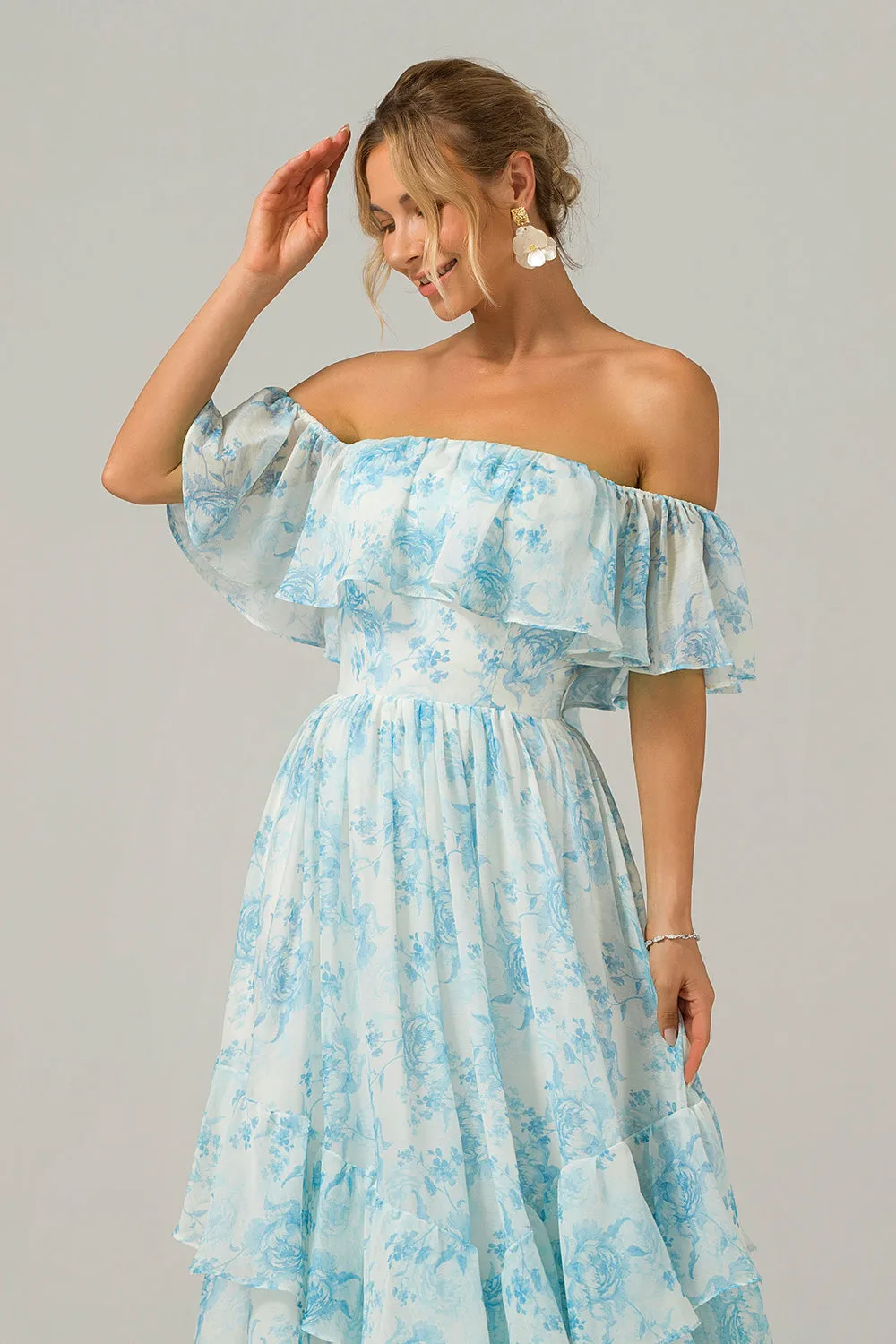 White Blue Floral Off The Shoulder Boho Long Bridesmaid Dress with Ruffles sold by Zapaka product image thumbnail 5