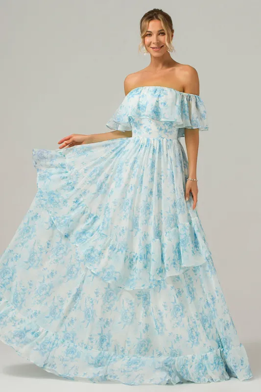 White Blue Floral Off The Shoulder Boho Long Bridesmaid Dress with Ruffles sold by Zapaka
