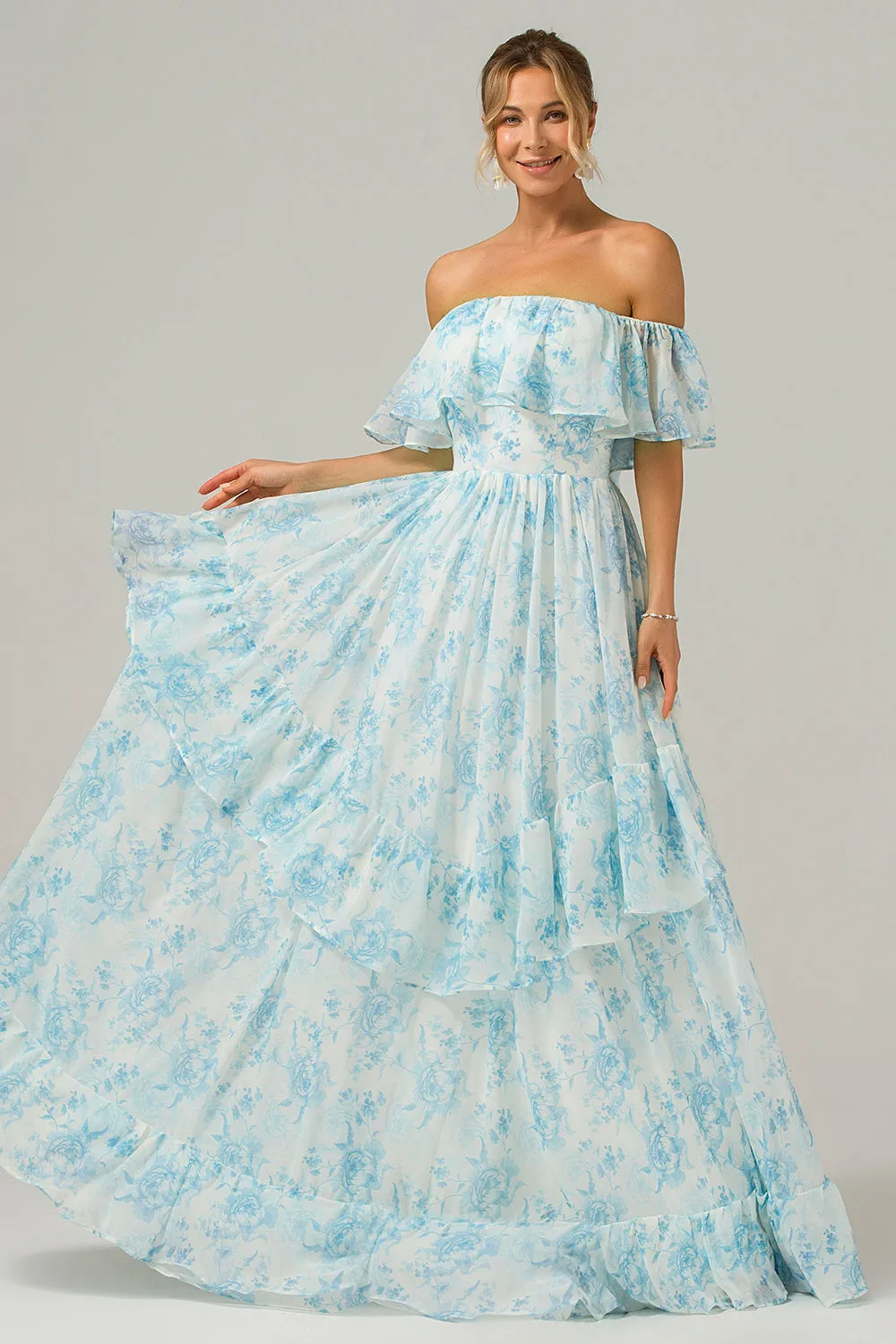 White Blue Floral Off The Shoulder Boho Long Bridesmaid Dress with Ruffles sold by Zapaka