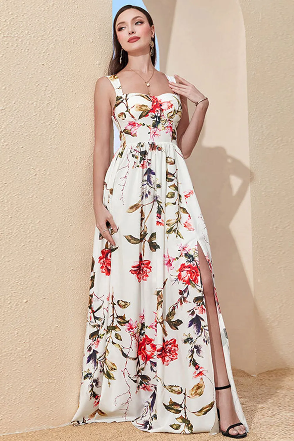 White A-Line Square Neck Print Long Holiday Dress With Slit sold by Zapaka product image thumbnail 4