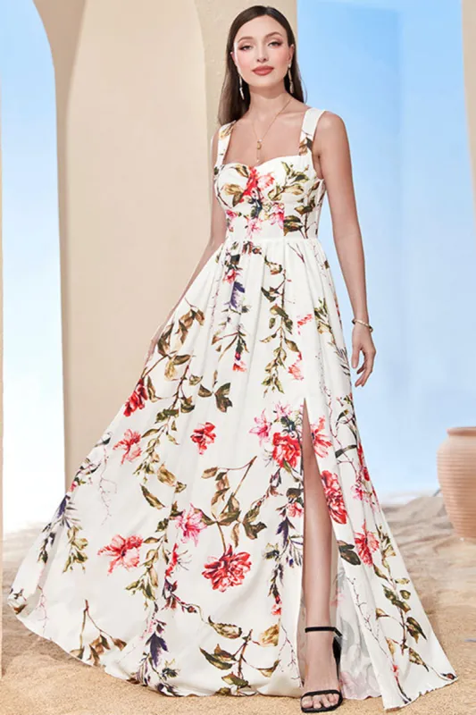 White A-Line Square Neck Print Long Holiday Dress With Slit sold by Zapaka