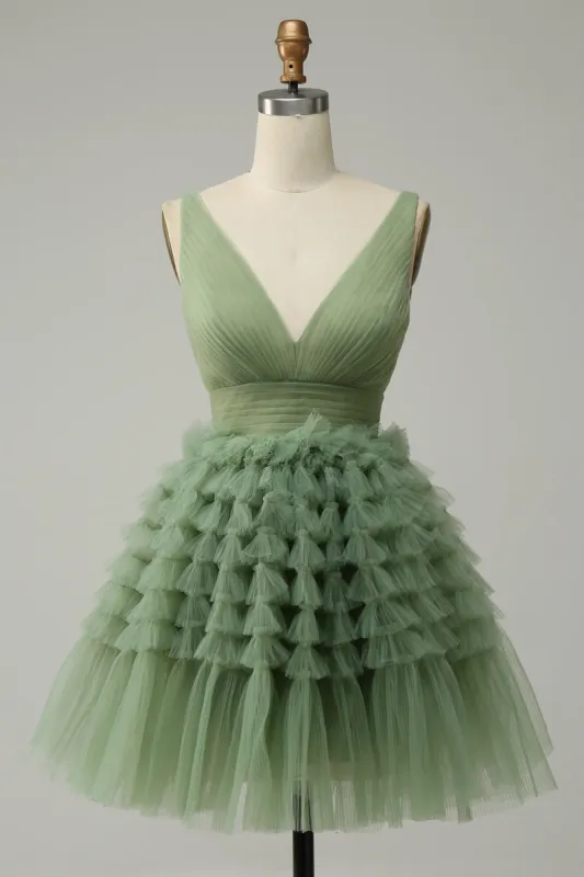 Green Tulle V-Neck Short Homecoming Dress With Open Back sold by Zapaka