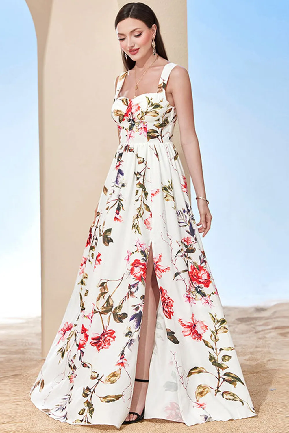 White A-Line Square Neck Print Long Holiday Dress With Slit sold by Zapaka product image thumbnail 3