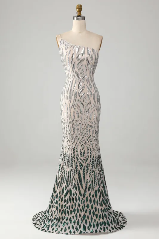 Sparkly Mermaid One Shoulder Dark Green Sequins Long Prom Dress sold by Zapaka