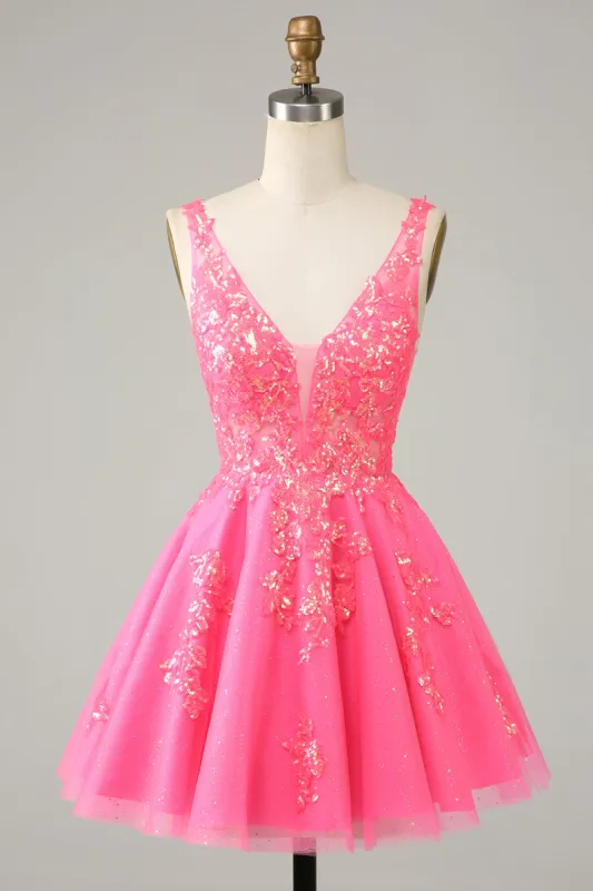 Fuchsia Sequined V Neck Backless Short Homecoming Dress sold by Zapaka