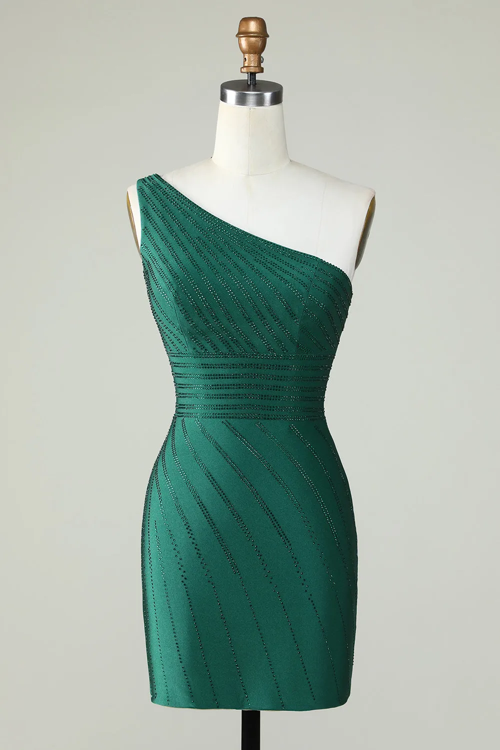 Sheath One Shoulder Dark Green Short Homecoming Dress with Beading sold by Zapaka