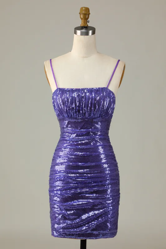 Sparkly Purple Sequins Spaghetti Straps Tight Short Homecoming Dress sold by Zapaka