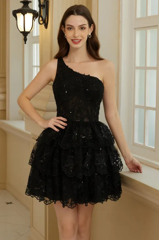 Stylish A Line One Shoulder Black Short Homecoming Dress with Appliques sold by Zapaka